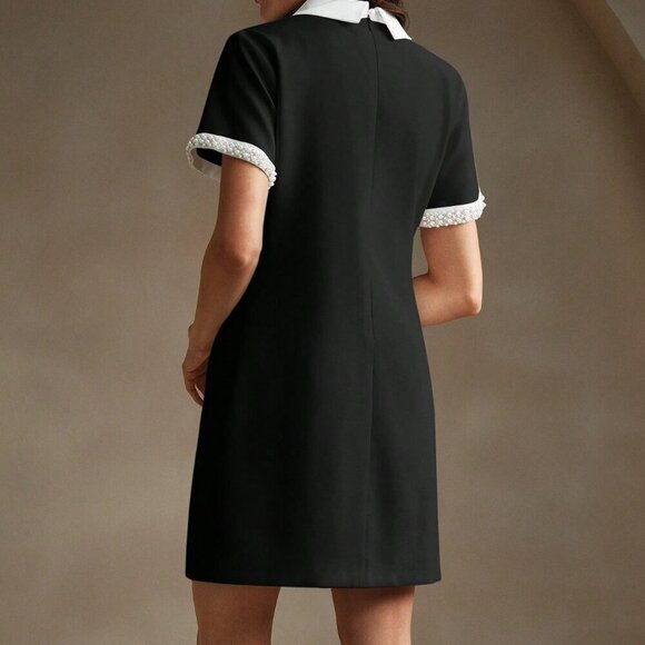 Black Elegant Women's Contrast Color Block Studded Decorated Dress - Picture 2 of 7